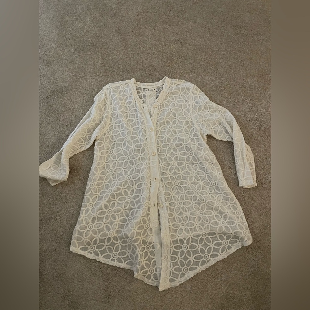 Bodil oversized tunic dress cover up ivory linen embroidered M layering wedding